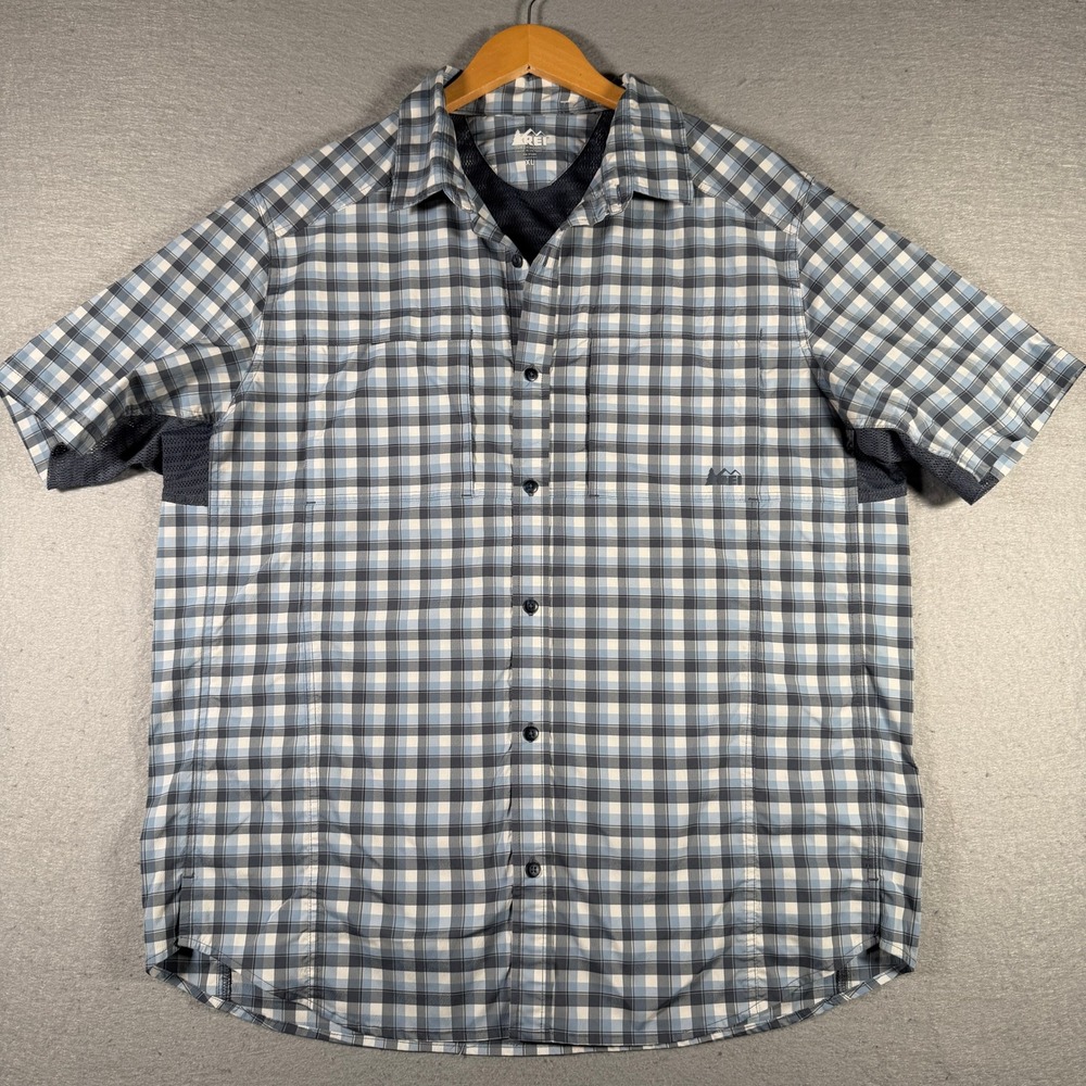REI Mens XL Blue Plaid‎ Short Sleeve Technical Hiking Shirt Ventilated 861663